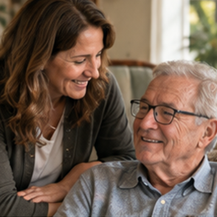 Adult daughter spending time with her father at home