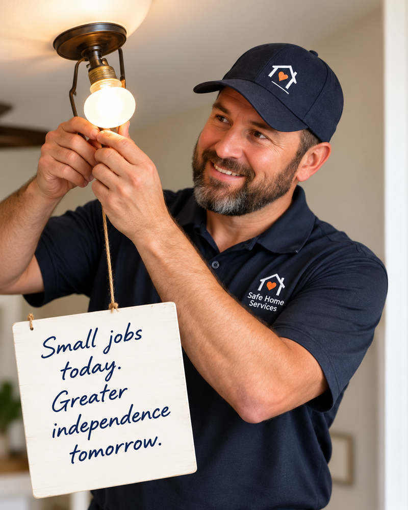 Safe Home Services handyman changing a light bulb