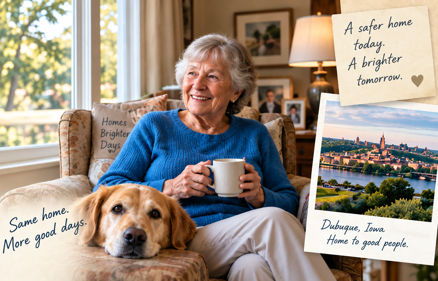 Older homeowner relaxing comfortably at home with her dog